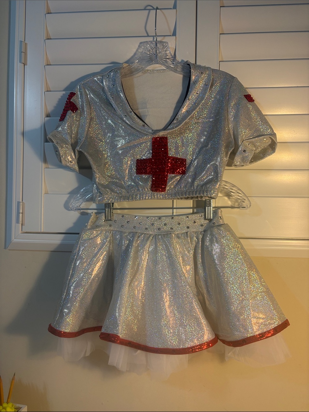 Adult size Medium Halloween Holographic Nurse Costume Set with Red Cross Accent